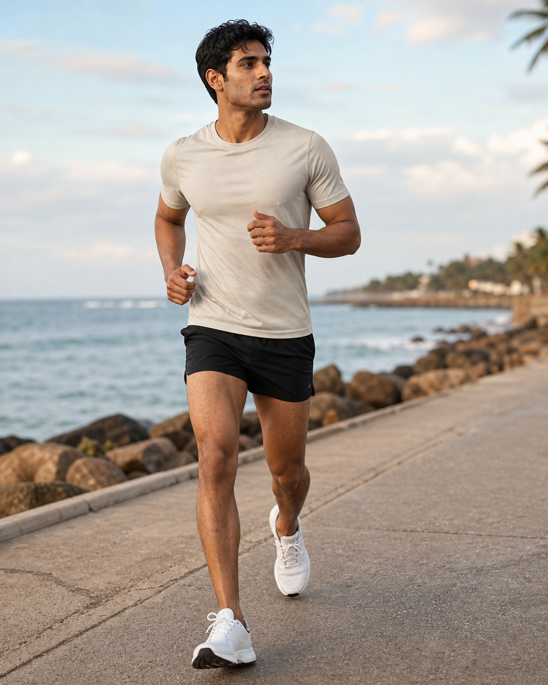 Black Training Shorts with Pockets worn during a coastal run