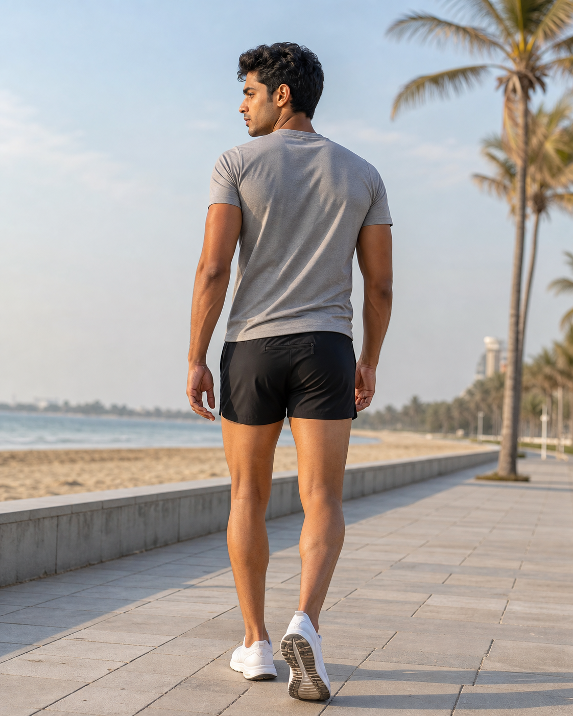 Black Training Shorts with Pockets shown from the back on a coastal promenade