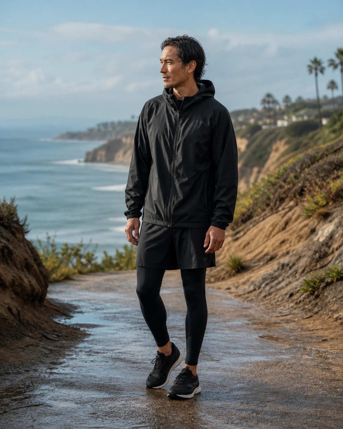 Man wearing the KeAloha Black Water-Resistant Windbreaker on a wet coastal trail