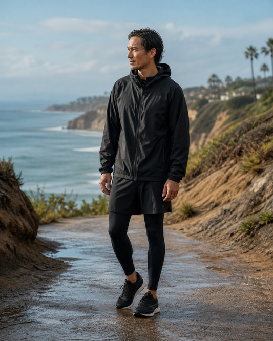Man wearing the KeAloha Black Water-Resistant Windbreaker on a wet coastal trail