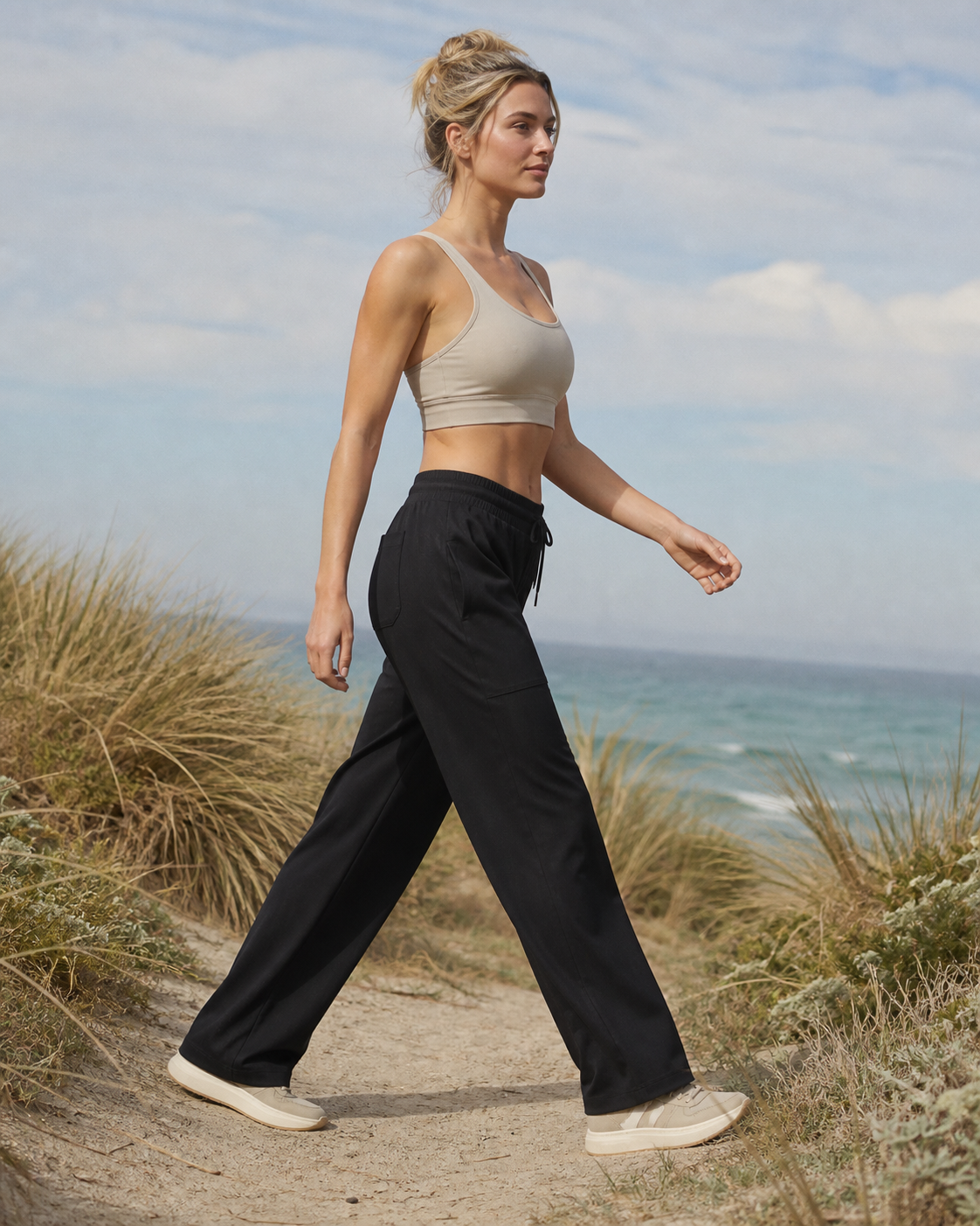 Black Wide-Leg Training Pants worn on a coastal dune trail