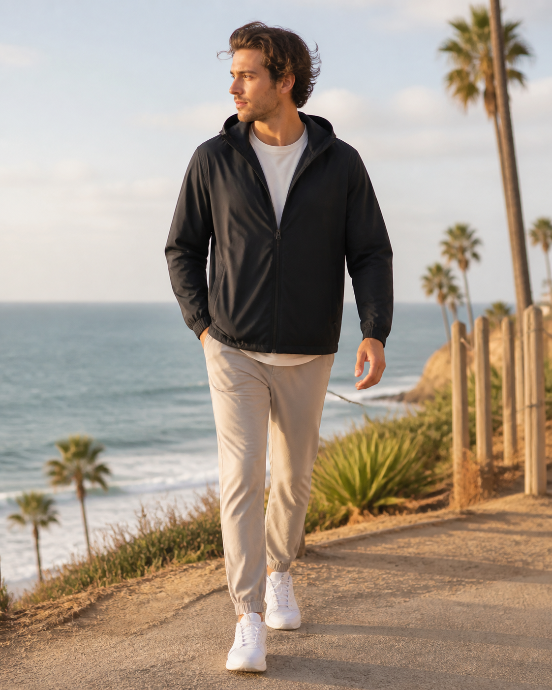 Man wearing the KeAloha Black Windbreaker at a breezy coastal overlook