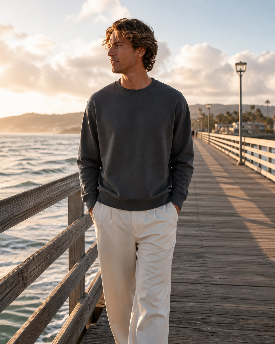 Man wearing the KeAloha Charcoal Crewneck Sweatshirt on a coastal pier