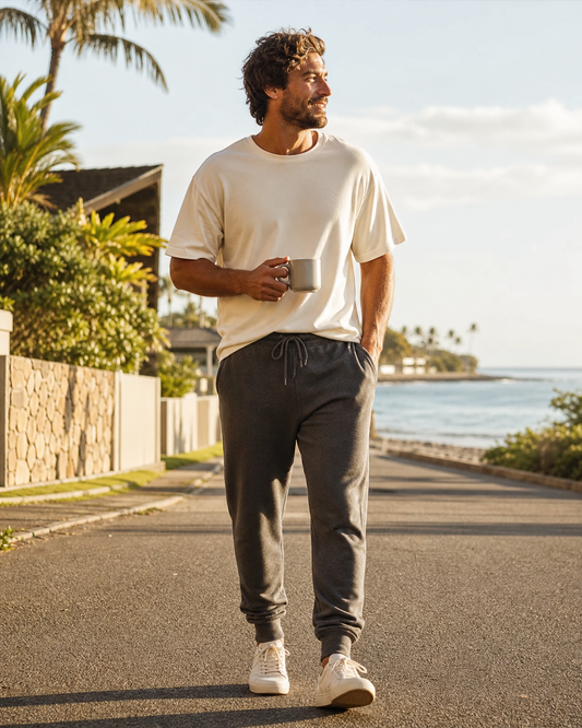 Man wearing KeAloha Charcoal Fleece Joggers on a coastal coffee walk