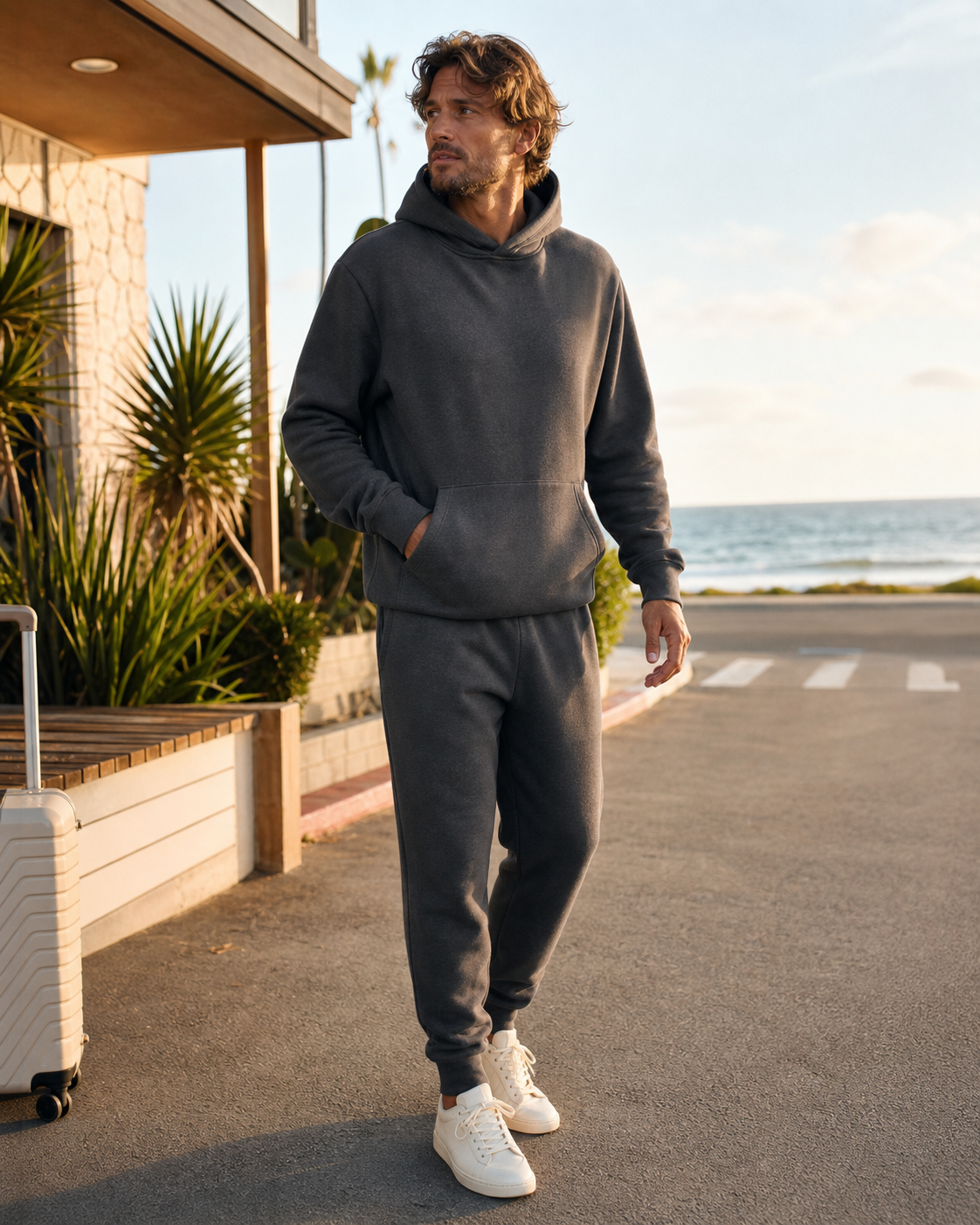 Man wearing the KeAloha Charcoal Fleece Tracksuit outside a coastal hotel