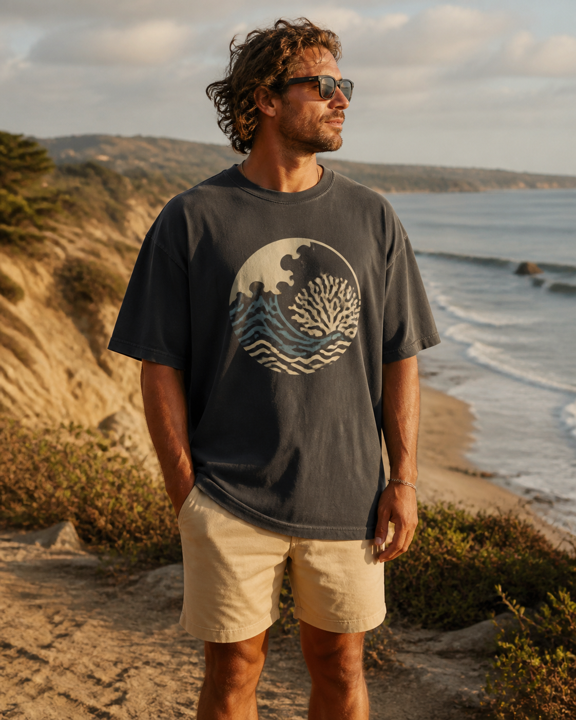 Man wearing the KeAloha Charcoal Graphic Oversized Tee at a coastal overlook