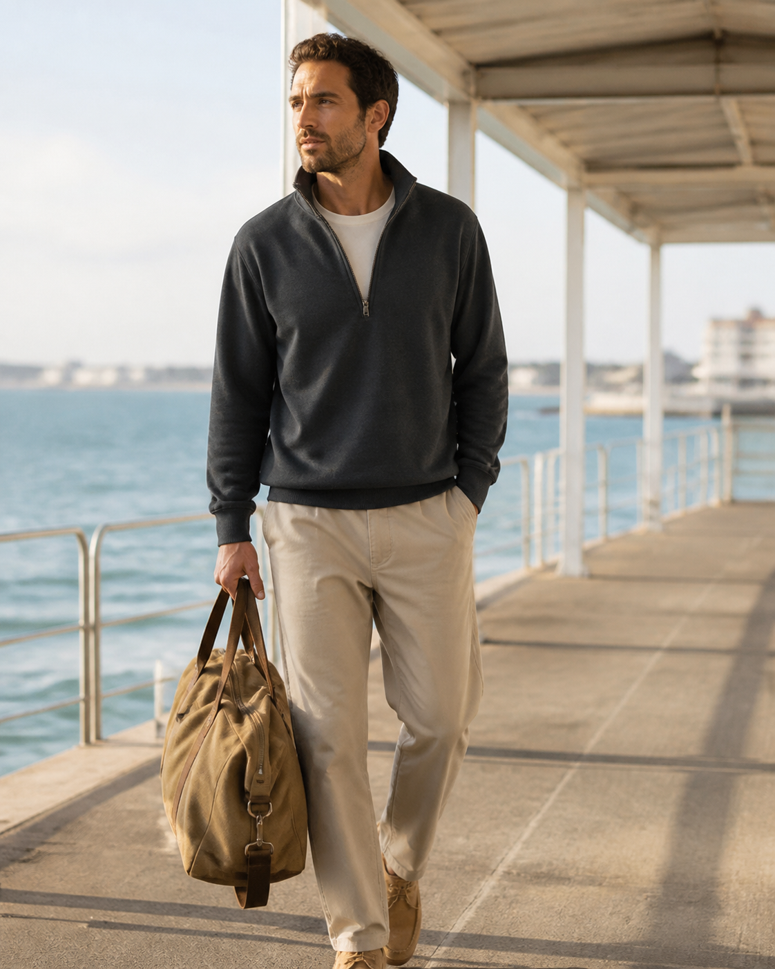 Man wearing the KeAloha Charcoal Half-Zip Pullover on a coastal pier