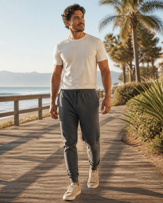 Man wearing KeAloha Charcoal Joggers on a coastal boardwalk