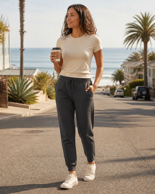 Woman wearing KeAloha Charcoal Joggers with Pockets on a coastal coffee walk