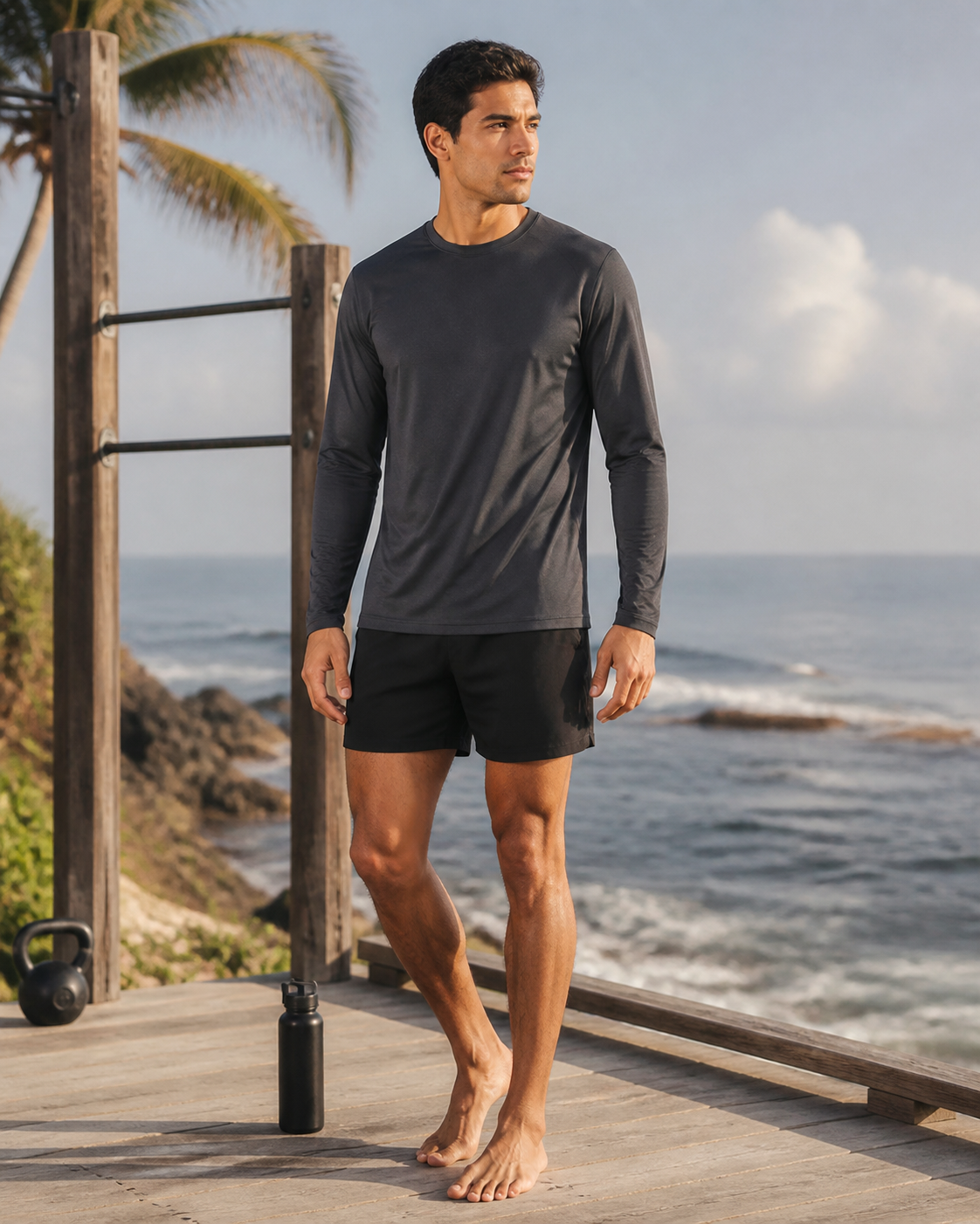 Man wearing the KeAloha Charcoal Long Sleeve Training Tee on an oceanfront training deck