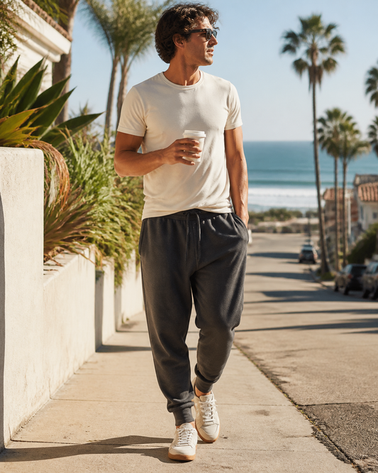 Man wearing KeAloha Charcoal Oversized Joggers on a coastal coffee walk