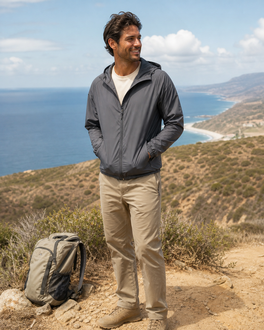 Man wearing the KeAloha Charcoal Packable Windbreaker at a coastal overlook
