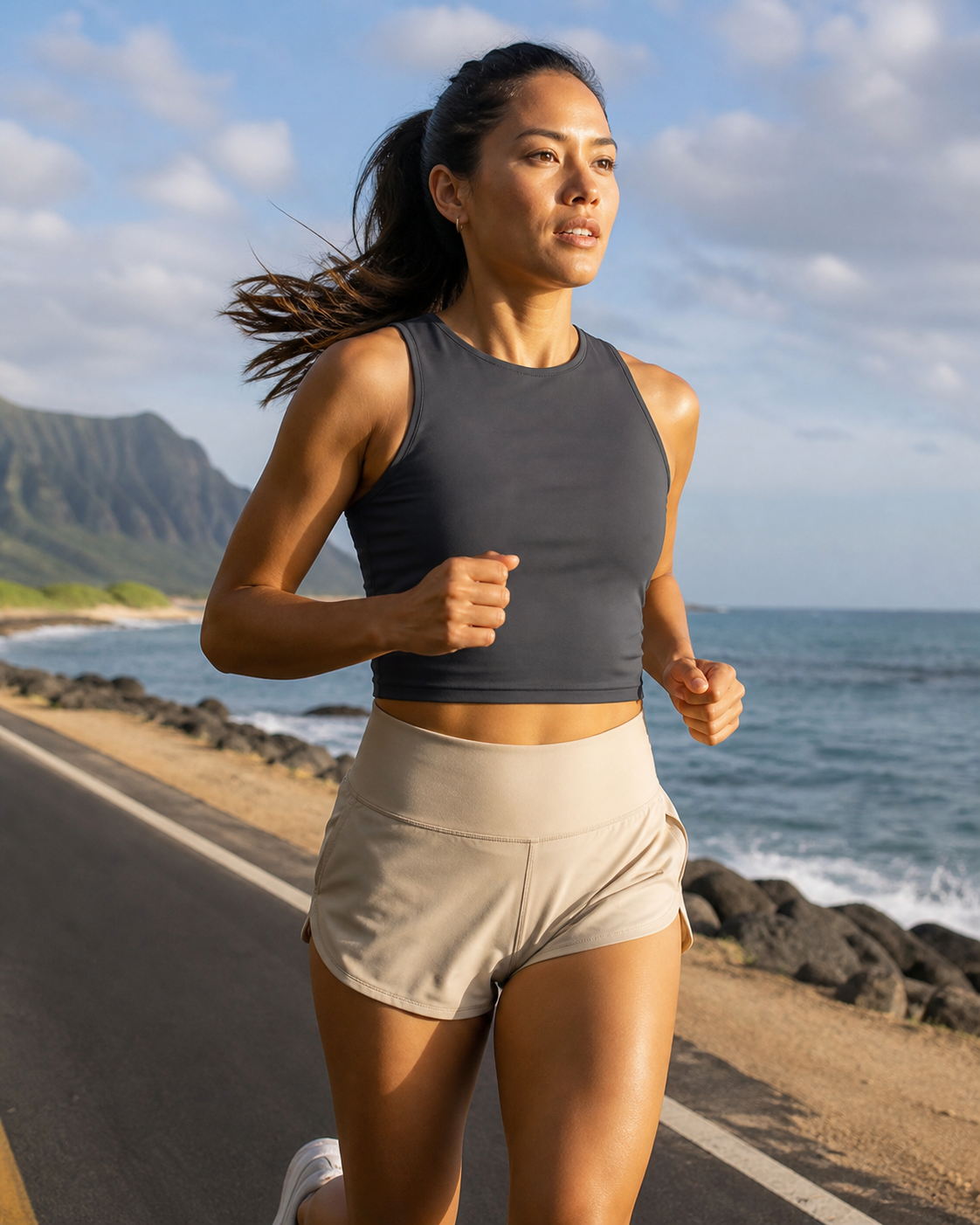 Charcoal recycled fitted cropped running tank in motion on a coastal run