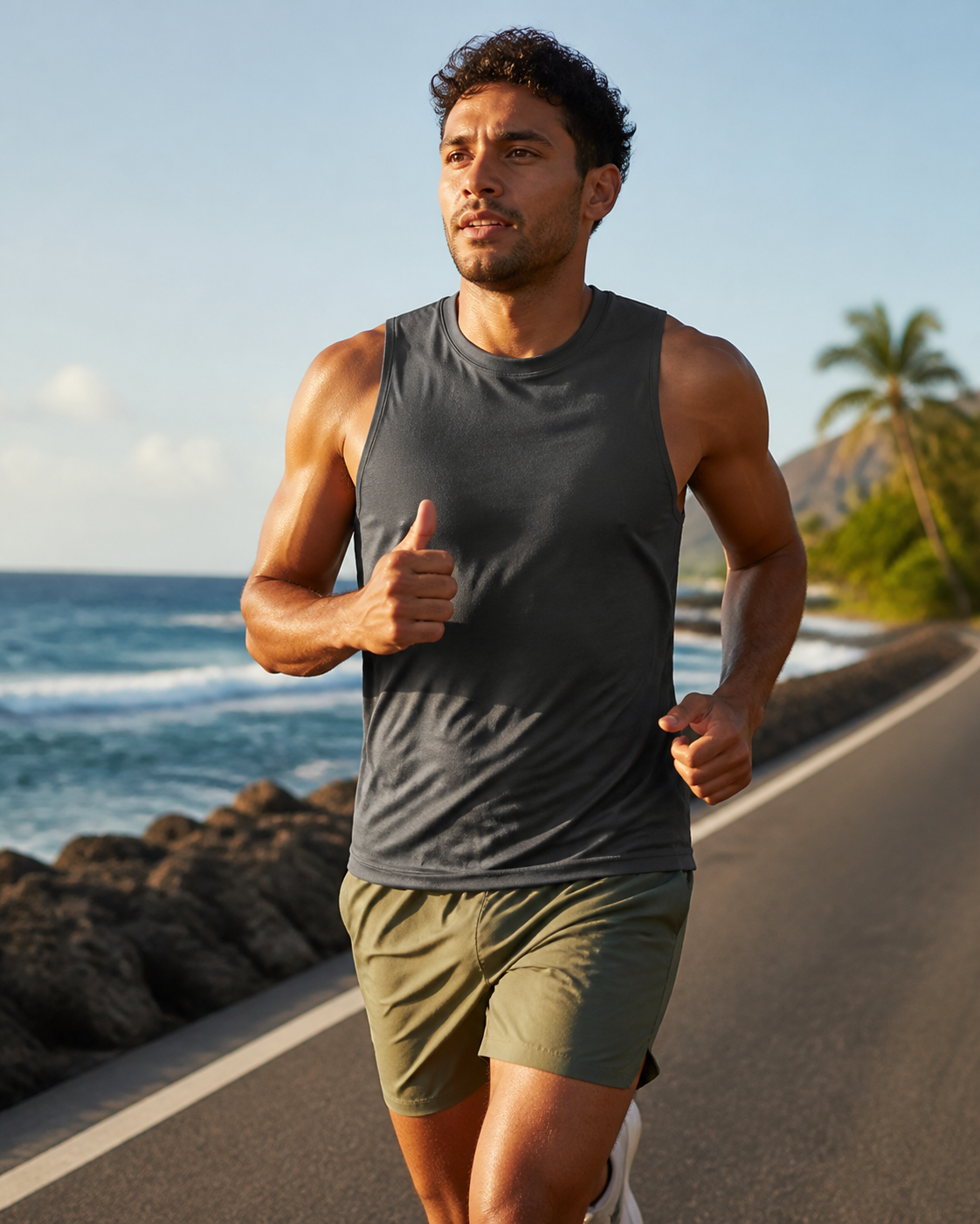 Charcoal recycled fitted running tank in motion on a coastal run