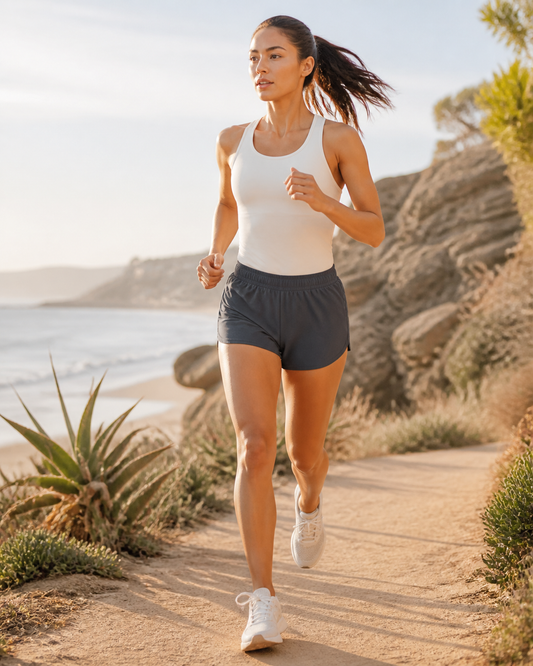 Woman wearing KeAloha Charcoal Running Shorts on a coastal path