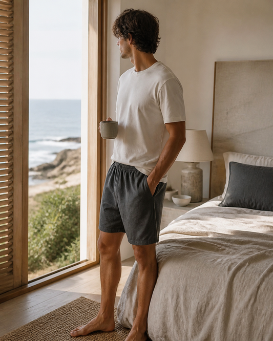 Charcoal organic cotton sleep shorts in a coastal bedroom