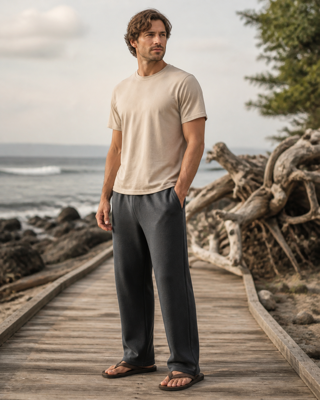 Charcoal wide-leg sweatpants with pockets on a coastal boardwalk