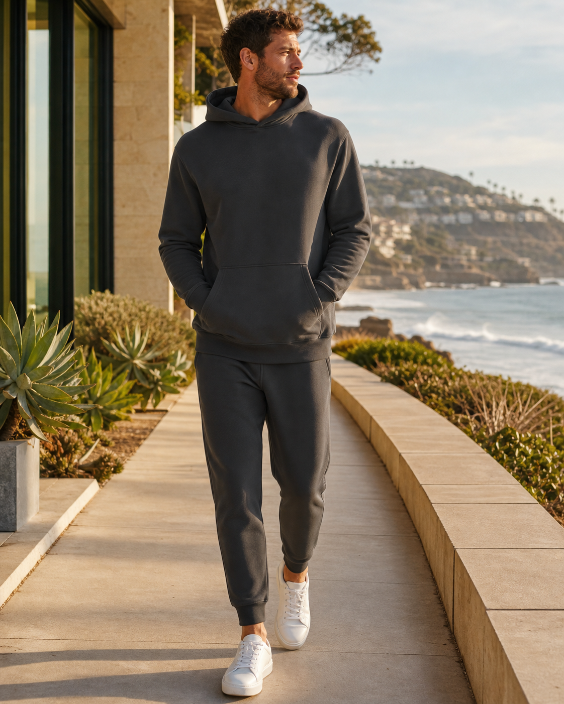 Charcoal organic cotton tracksuit on an oceanfront promenade