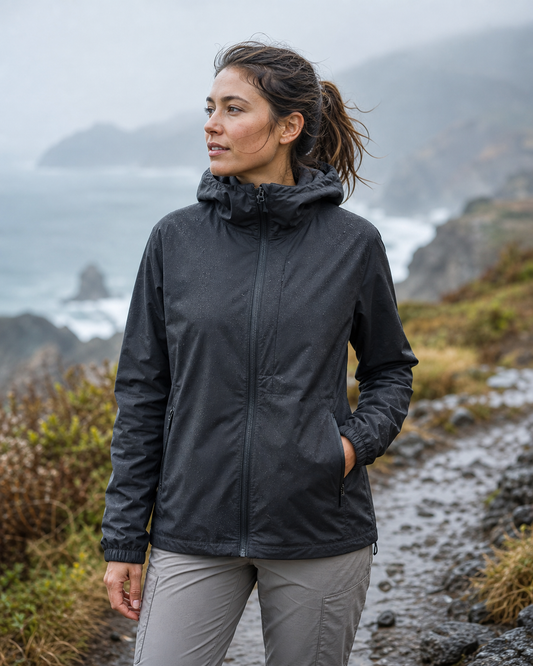 Charcoal water-resistant windbreaker on a damp coastal trail