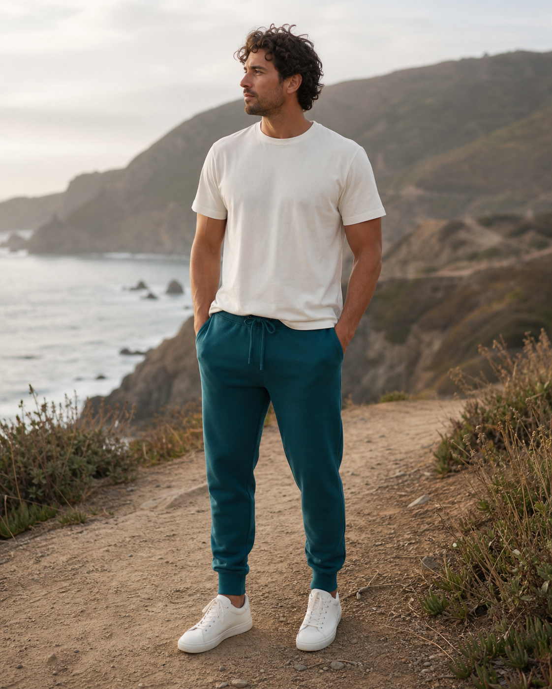 Deep teal fleece joggers at a rugged coastal overlook