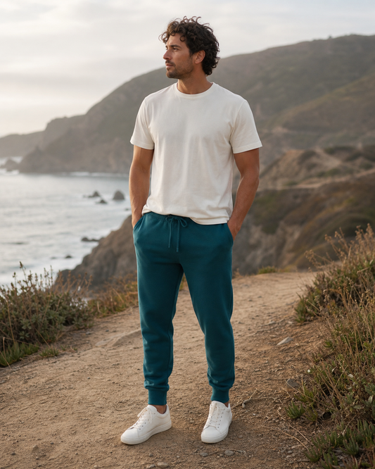 Deep teal fleece joggers at a rugged coastal overlook