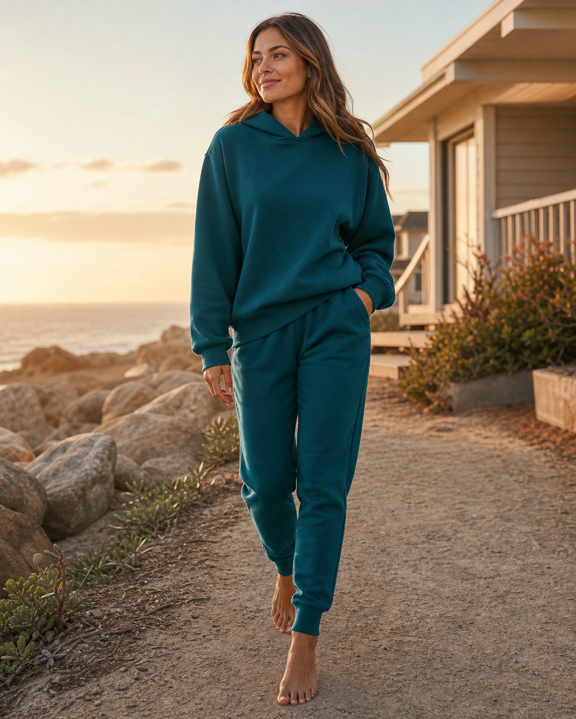 Deep teal fleece tracksuit near a coastal beach house
