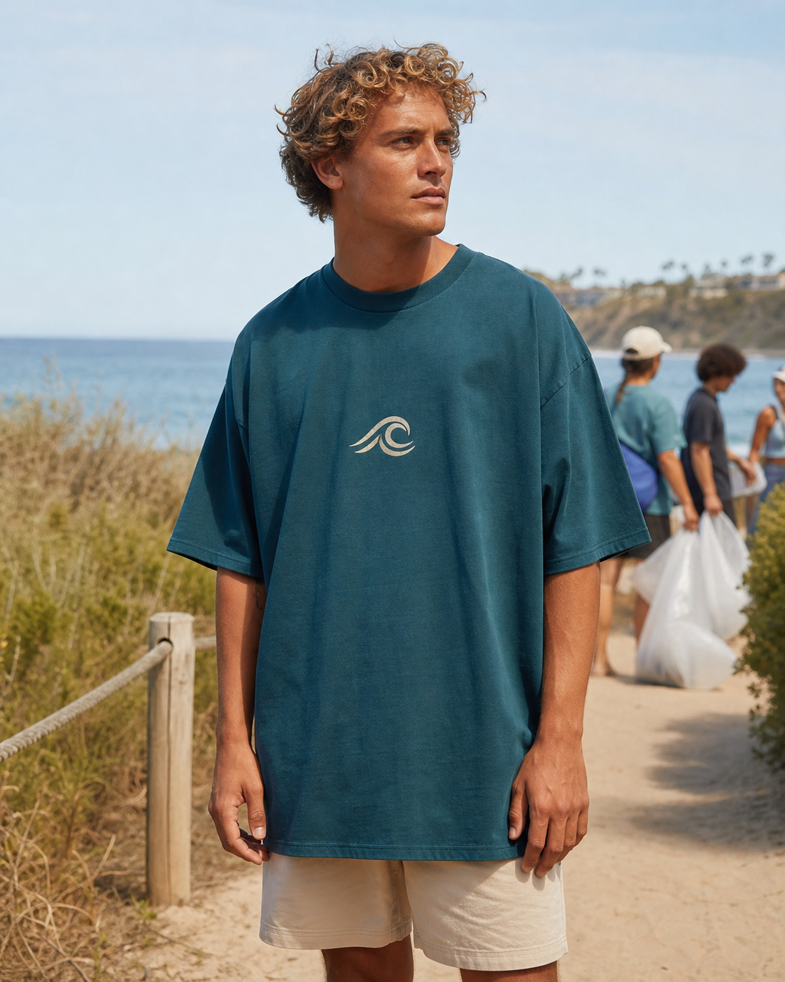 Deep teal graphic oversized tee at a coastal conservation gathering