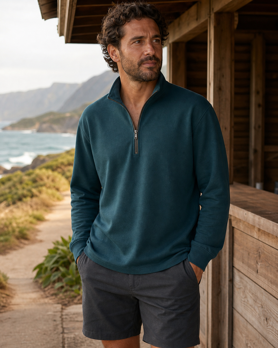 Deep teal half-zip pullover beside a coastal trailhead pavilion