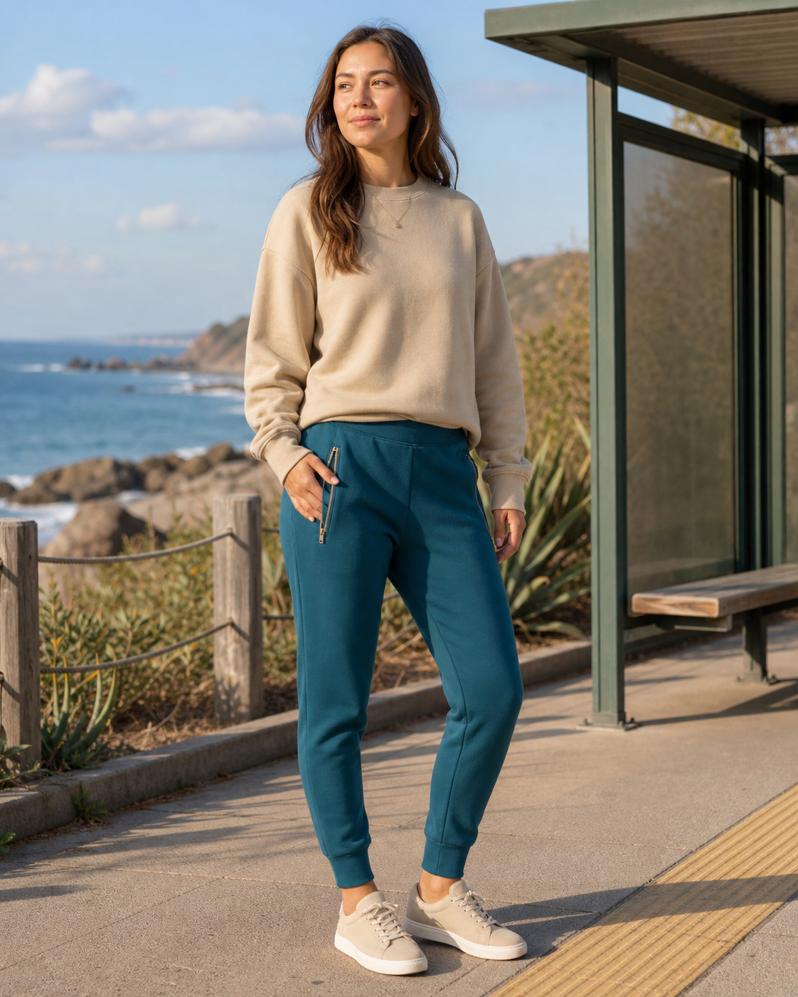 Deep teal joggers with zippered pockets on a coastal path