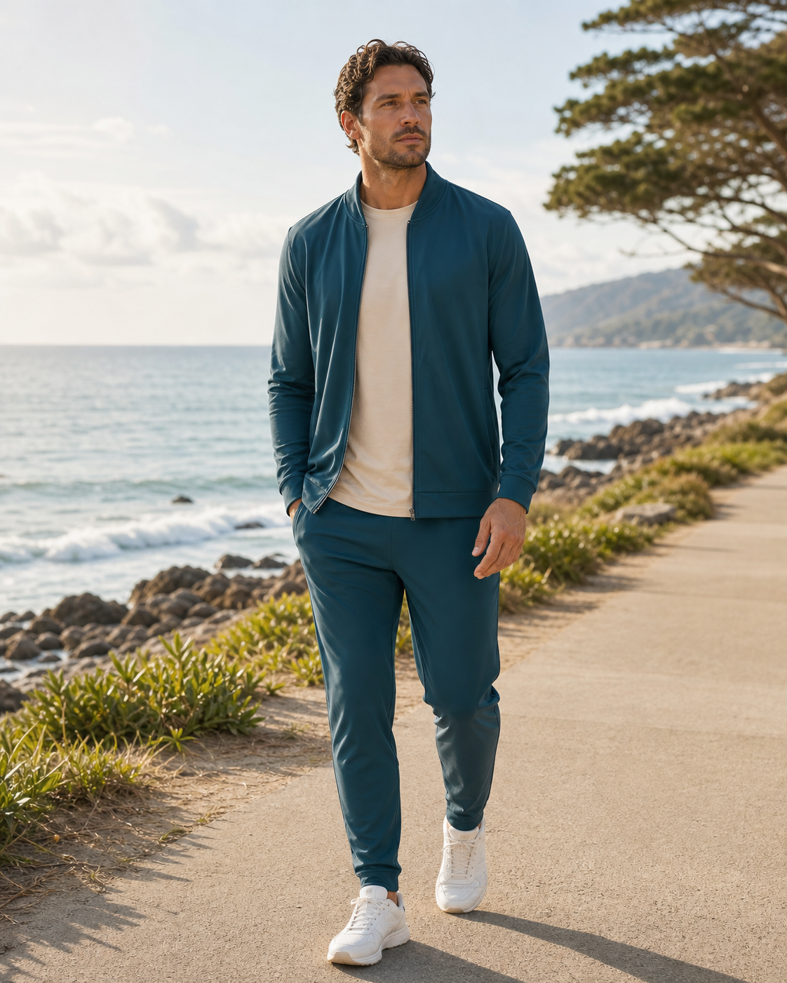 Deep teal lightweight tracksuit on an oceanfront path
