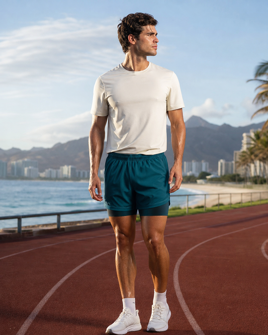 Deep teal lined training shorts on a coastal athletics track