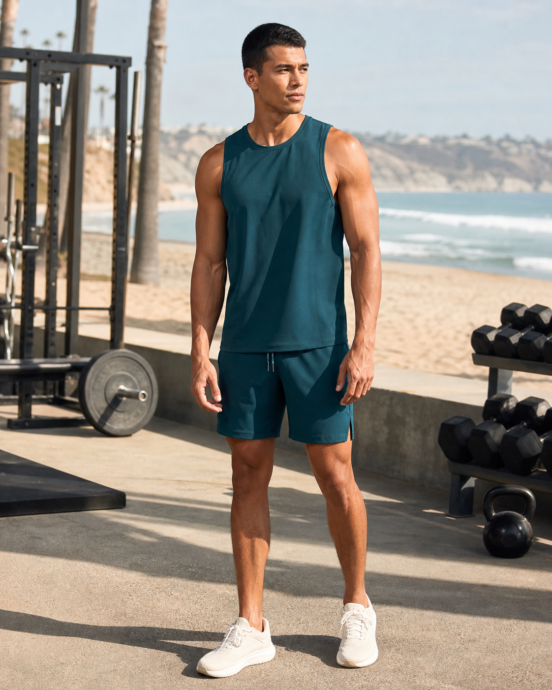 Deep teal men's muscle tank and training shorts matching set