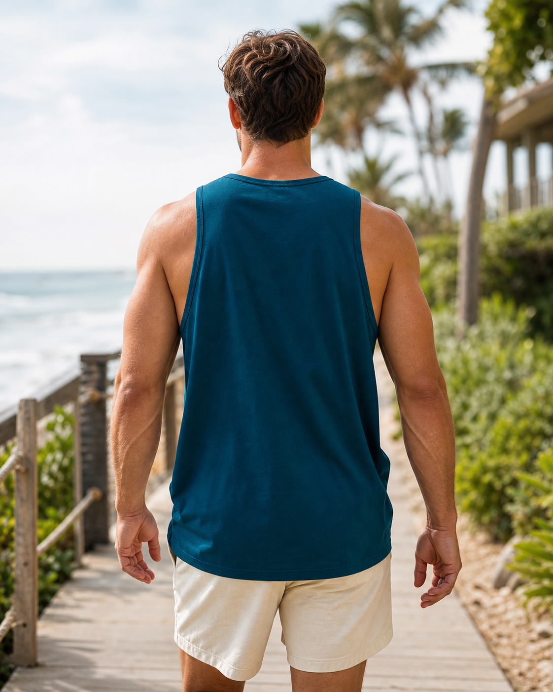 Deep teal loose-fit organic cotton muscle tank back view on a coastal boardwalk