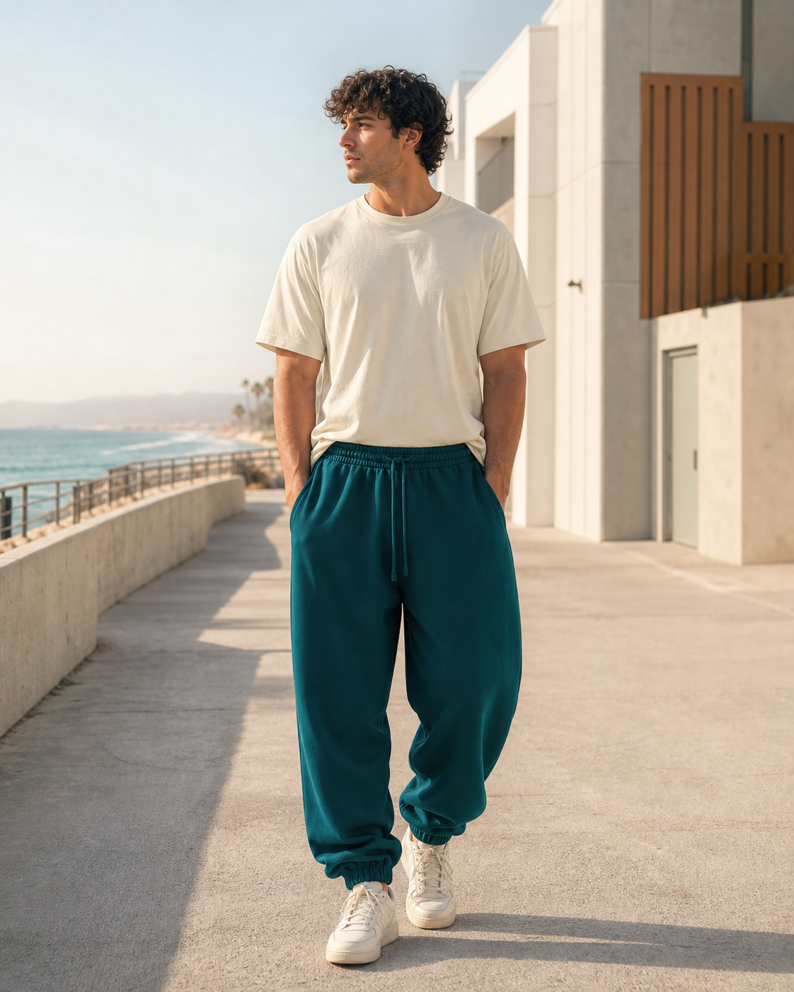 Deep teal oversized joggers on a coastal promenade