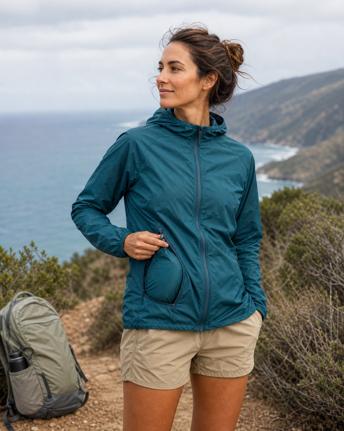 Deep teal packable windbreaker on a breezy coastal trail