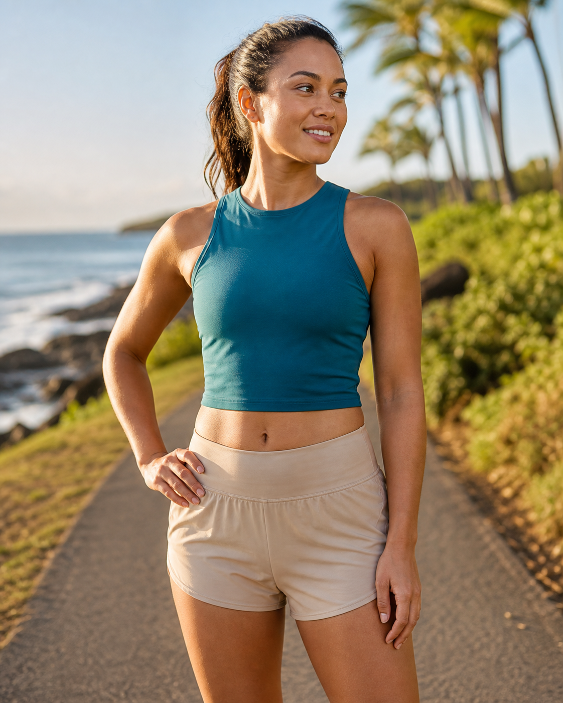 Deep teal recycled fitted cropped running tank front view on a coastal path