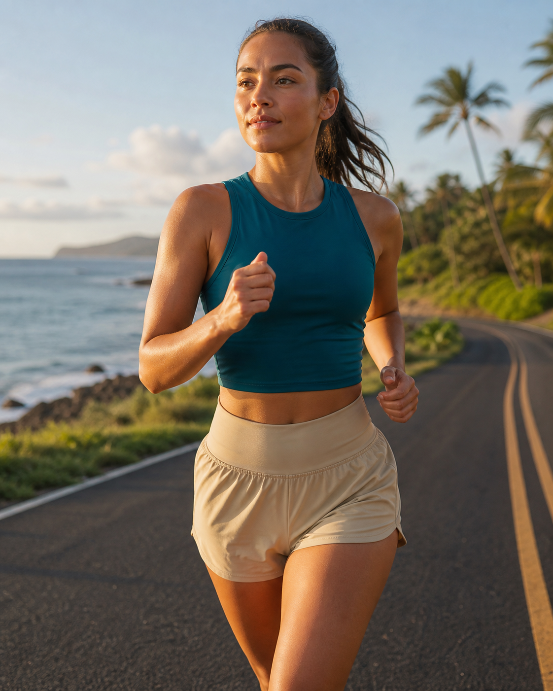 Deep teal recycled fitted cropped running tank in motion on a coastal run