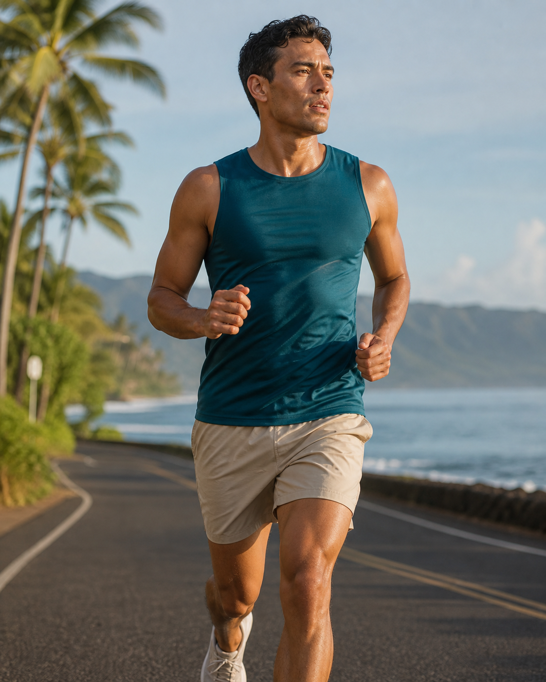 Deep teal recycled fitted running tank in motion on a coastal run