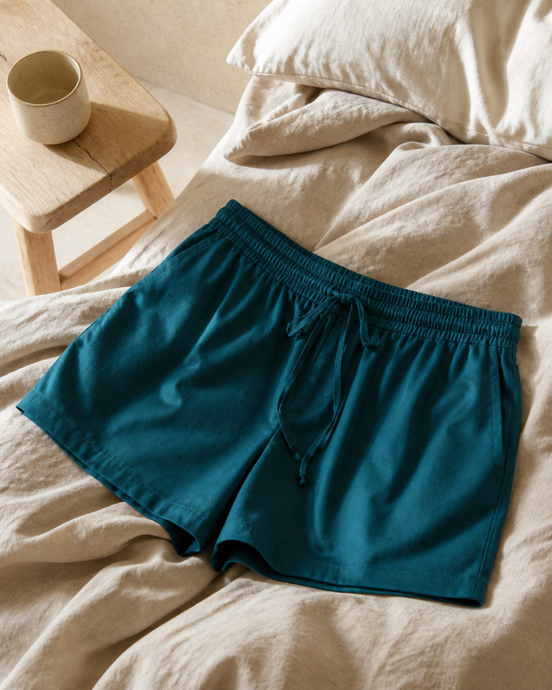 Deep teal organic cotton sleep shorts arranged on natural linen bedding