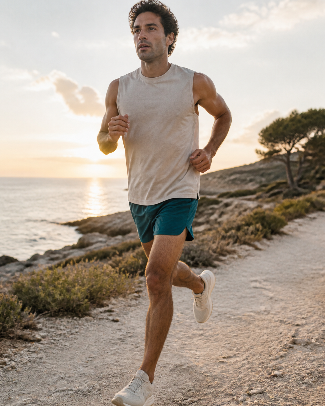 Man running on a coastal trail in deep teal split-hem running shorts