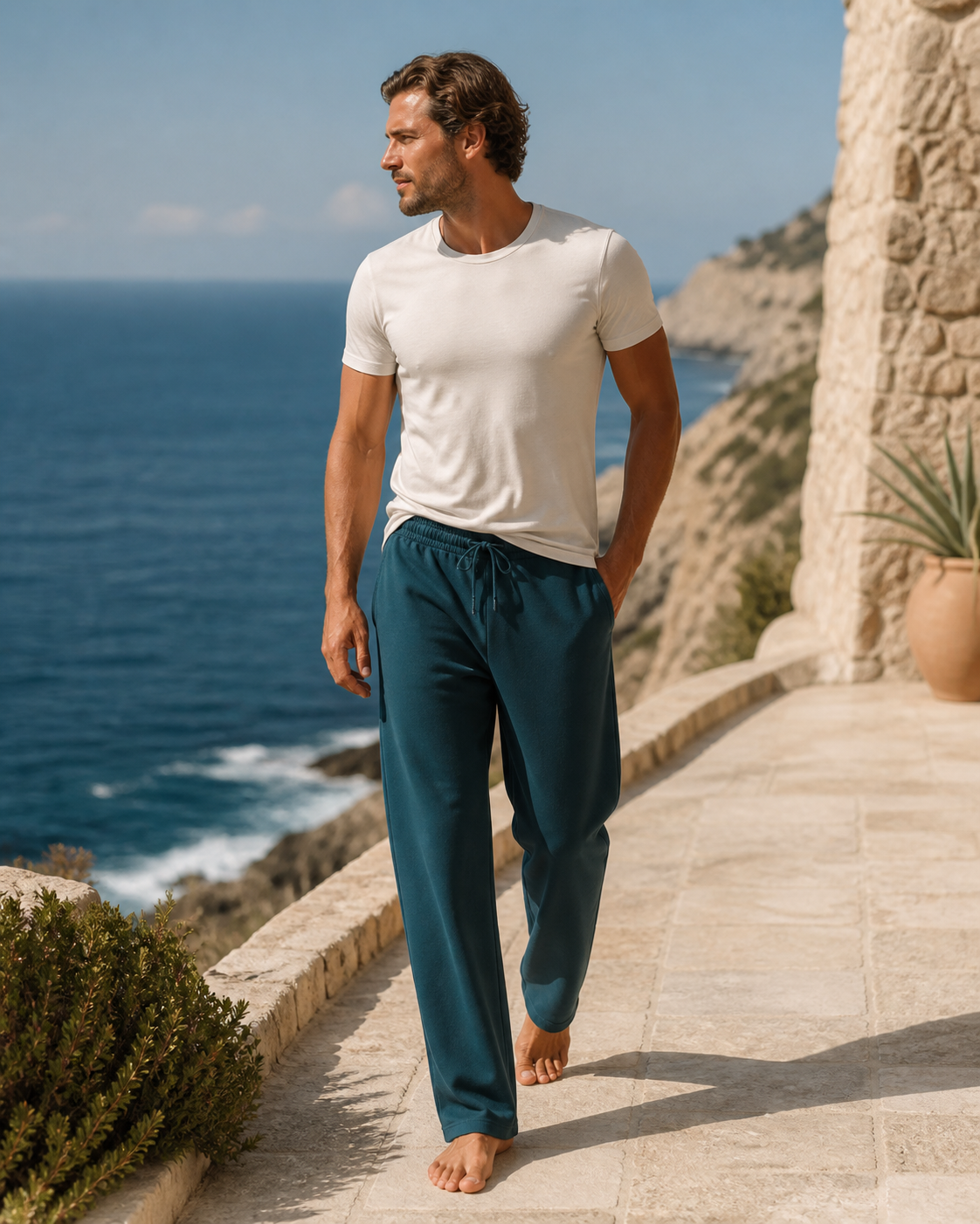 Man wearing deep teal straight-leg organic cotton sweatpants on a coastal terrace