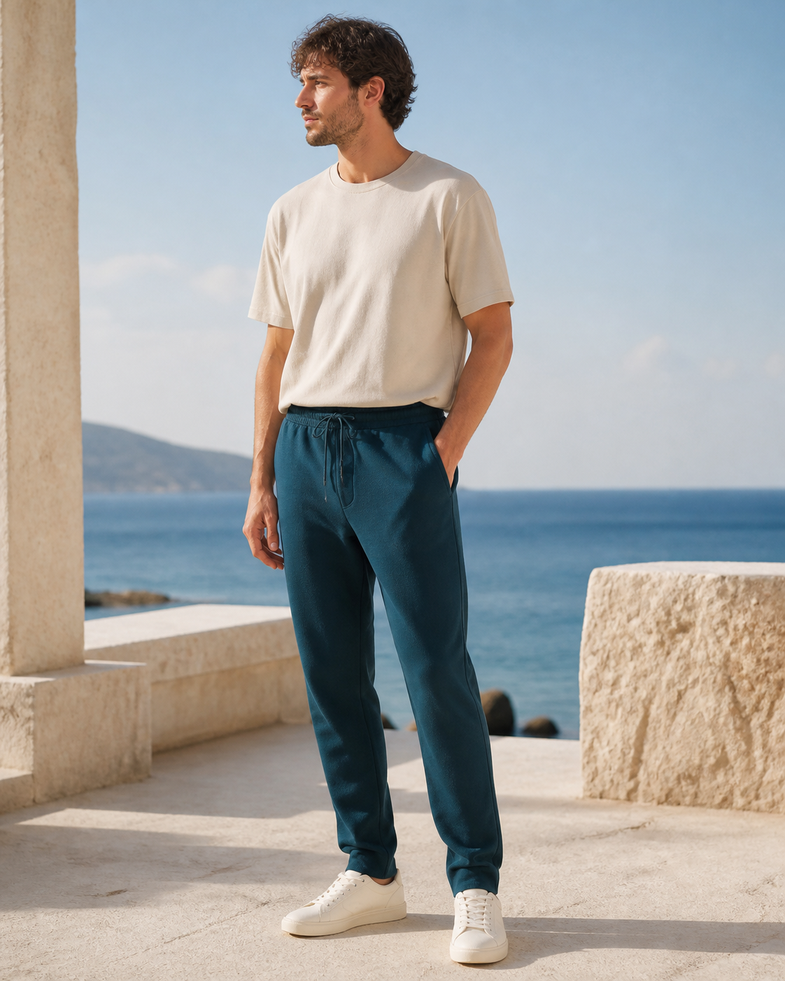 Man wearing deep teal organic cotton sweatpants with side pockets on a seaside terrace