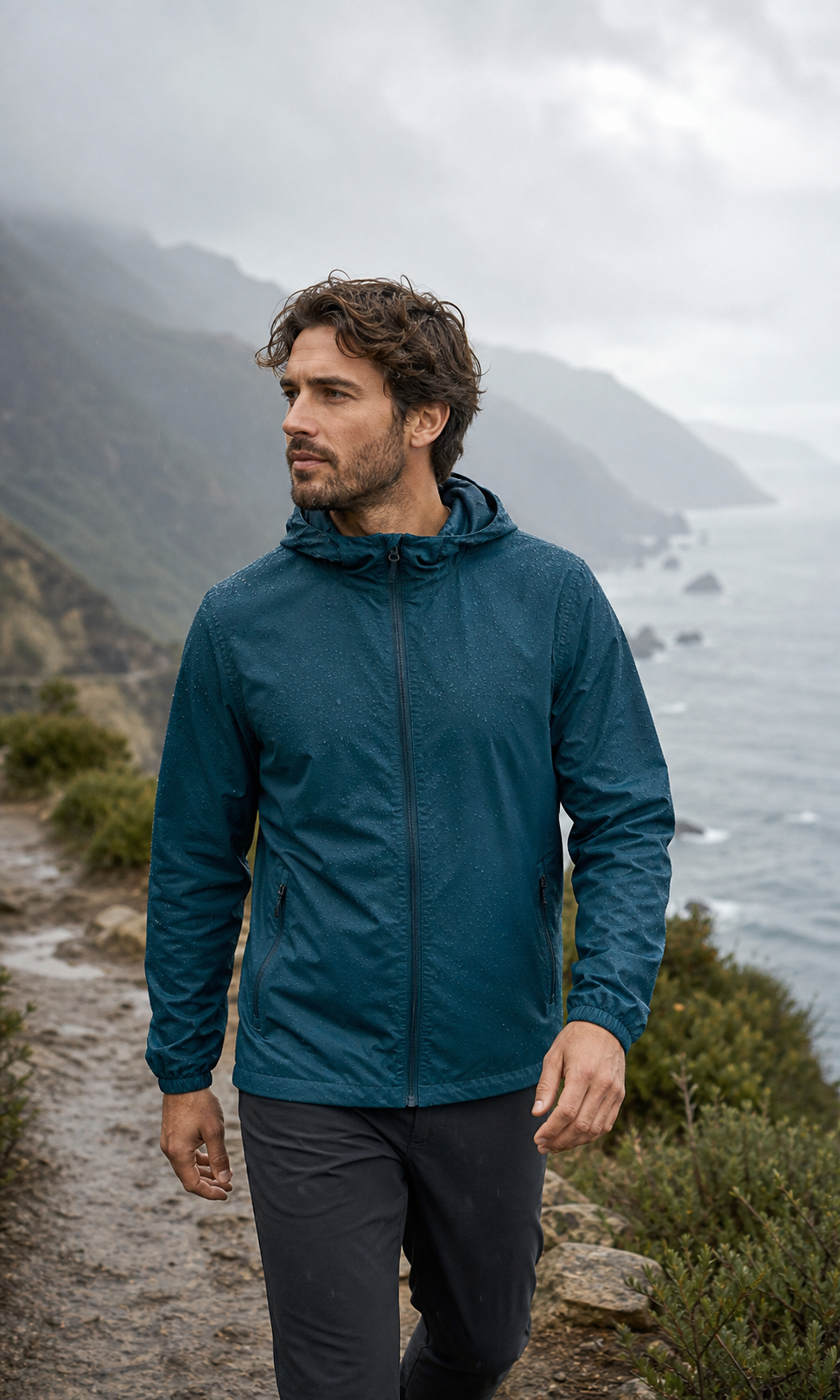 Man wearing a deep teal water-resistant recycled windbreaker in coastal drizzle