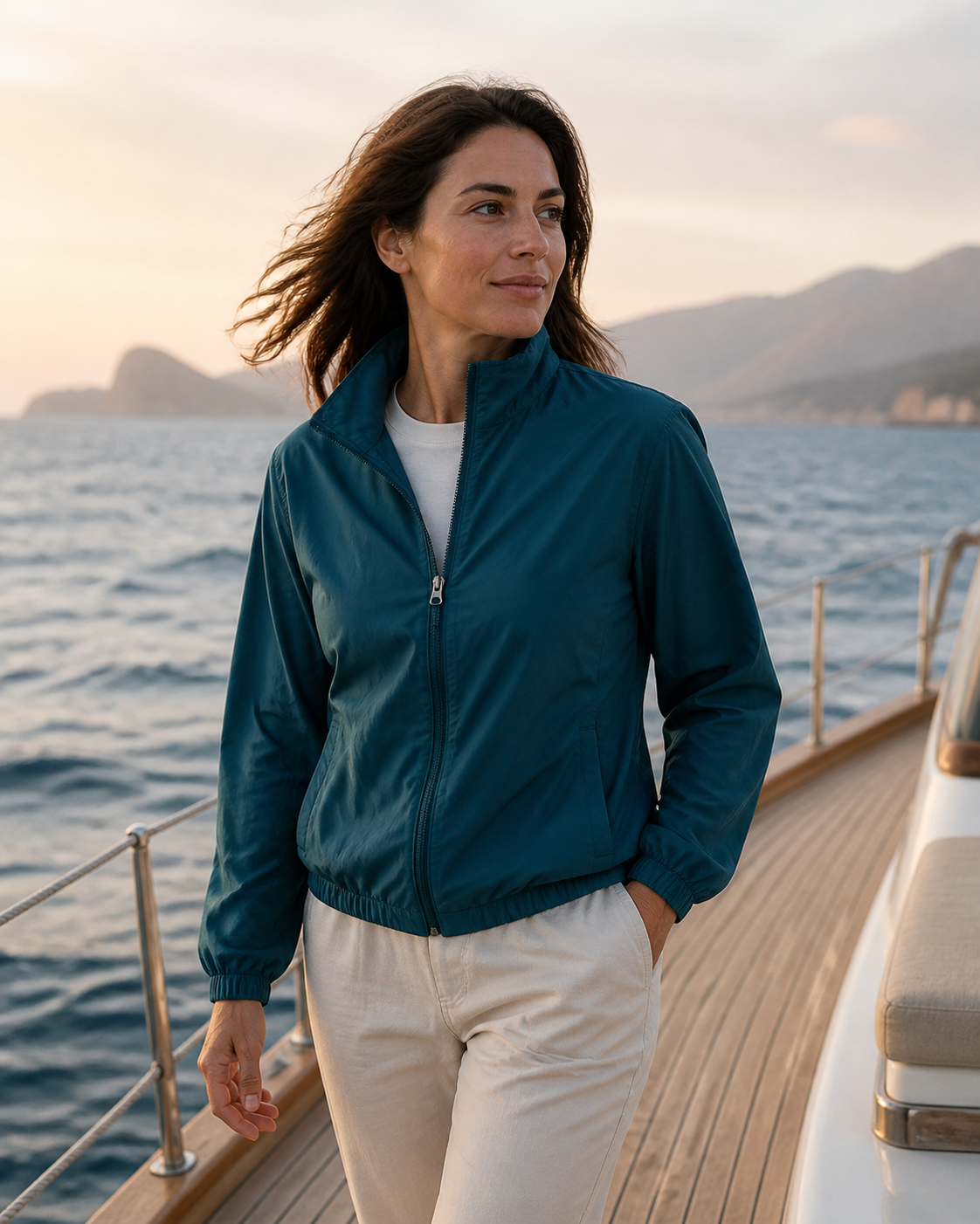 Woman wearing a classic deep teal recycled windbreaker on a boat deck