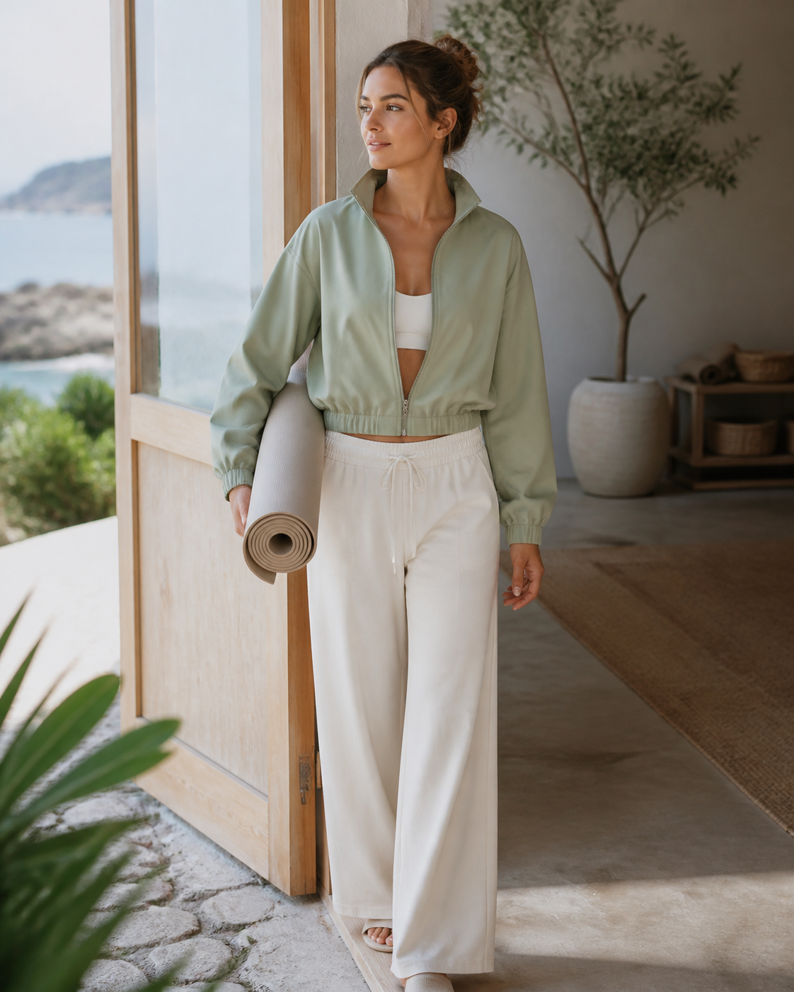 Woman wearing a sage cropped recycled track jacket leaving a seaside yoga studio