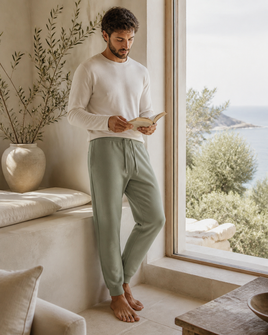 Man wearing sage organic cotton fleece joggers in a serene coastal home