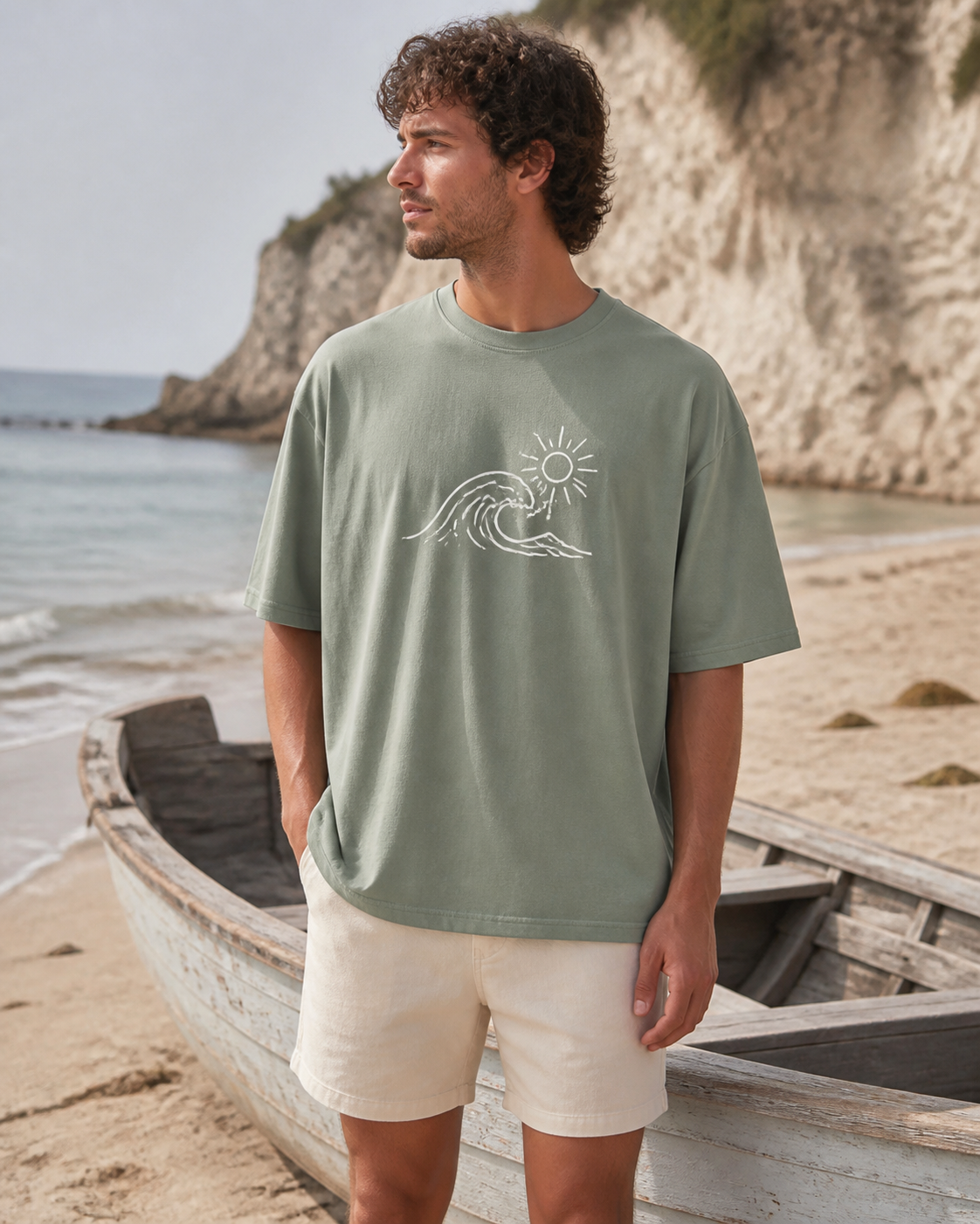 Man wearing a sage organic cotton oversized tee with an original ocean wave graphic