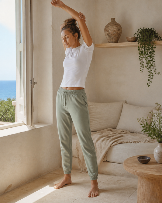 Woman stretching in sage organic cotton tapered joggers in a coastal home