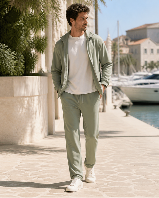 Man wearing a lightweight sage matching tracksuit on a marina promenade