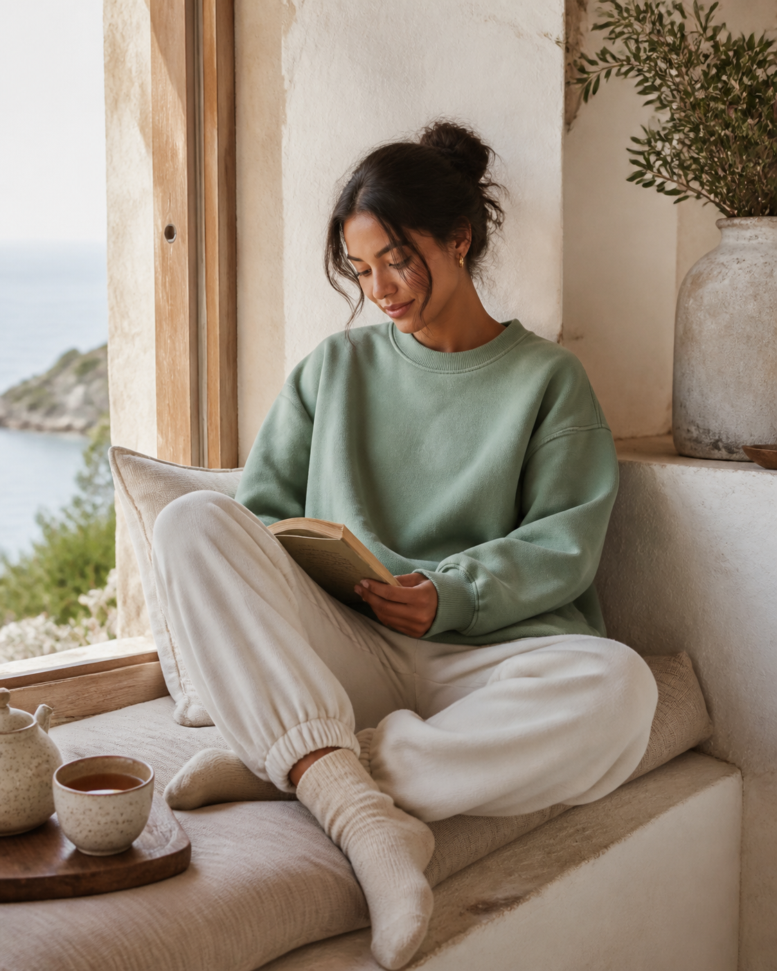 Woman reading in a relaxed sage organic cotton lounge crewneck